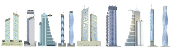 Set Detailed High Tech Skyscrapers Fictional Design Cloudy Sky Reflection — Stock Photo, Image