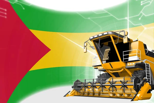 Agriculture innovation concept, yellow advanced farm combine harvester on Sao Tome and Principe flag - digital industrial 3D illustration