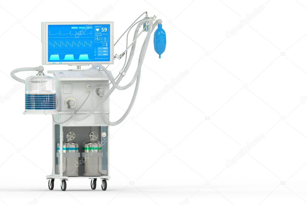 ICU artificial lung ventilator with fictive design, isometric view isolated on white - fight covid-19 concept, medical 3D illustration