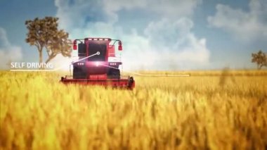 Robot buğday tarlasında çalışan hasatçıyı birleştiriyor - endüstriyel 3D 4K 60 fps animasyon dijital kaplamalarla