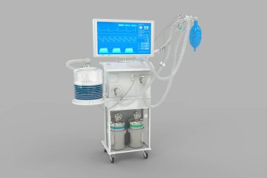 Gri arka planda izole edilmiş kurgusal tasarımı olan yapay akciğer solunum cihazı - 2019 ncov konseptini iyileştir, medikal 3D illüstrasyon