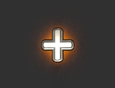 Dış hatları ve sarı gürültülü arka fonu olan gümüş renkli yazı tipi - artı gri arkaplanda izole edilmiş, sembollerin 3 boyutlu çizimi