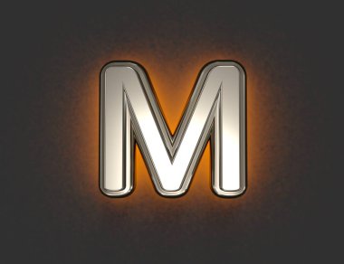 Dış hatları ve sarı gürültülü arka lambası olan gümüş metal yazı tipi - M harfi gri arkaplanda izole edilmiş, sembollerin 3 boyutlu çizimi