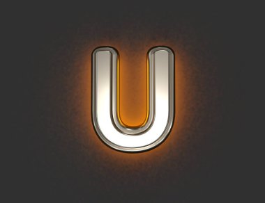 Taslak çizgili gümüş metal yazı tipi ve sarı gürültülü arka plan ışığı - Gri arkaplanda U harfi, sembollerin 3 boyutlu çizimi