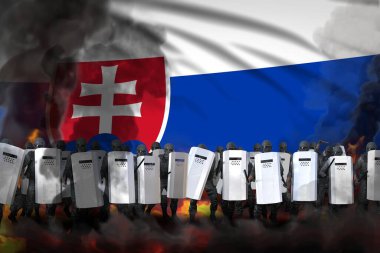 Slovakya savaş kavramını protesto etti, polis memurları ağır duman ve yangın önleme yasasını protesto etti - bayrak arka planında askeri illüstrasyon