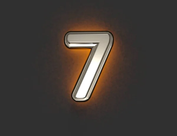 アウトラインと黄色のノイズの多いバックライトと銀の金属のアルファベット 数7グレーの背景に隔離され シンボルの3Dイラスト — ストック写真