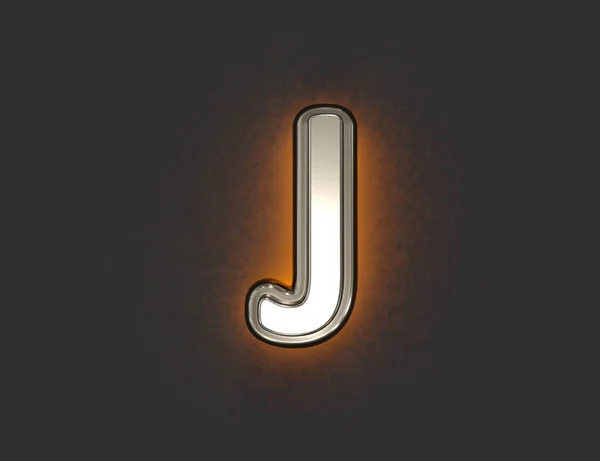 アウトラインと黄色のノイズの多いバックライトを持つ銀の真鍮のアルファベット 文字Jは灰色の背景に隔離され シンボルの3Dイラスト — ストック写真
