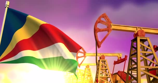 Bandera Seychelles Ondeando Sobre Fondo Pozos Petroleros Bombeando Petróleo Atardecer — Vídeo de stock