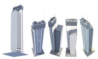 Gökdelenlerin beyaz, en üstteki 3 boyutlu resimlerinde izole edilmiş, gökdelenli, gökdelenlerin gökdelenler üzerinde yaşayan 5 adet hayali tasarım gökdeleni.