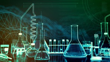 Laboratuvar test tüpleri ve dijital efektli diğer çeşitli cam eşyalar - tıp konsepti veya bilimsel arkaplan, nesnelerin üç boyutlu illüstrasyonu