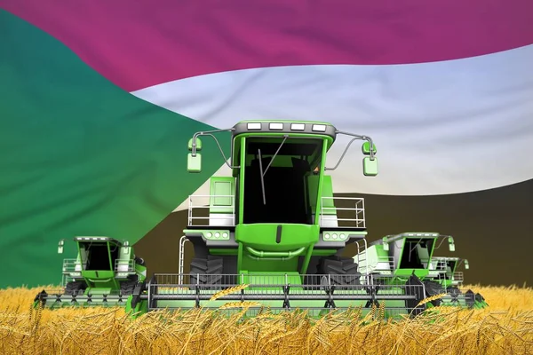 four light green combine harvesters on rye field with flag background, Sudan agriculture concept - industrial 3D illustration