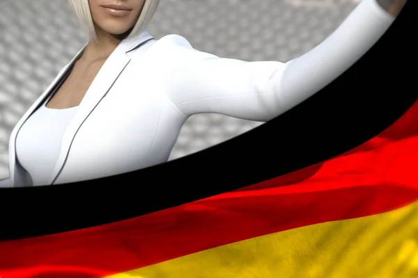 若いビジネス女性が現代建築の背景にドイツの国旗を掲げています 旗の概念3Dイラスト — ストック写真