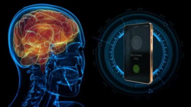 4K 60 fps 3D animasyon - X-ray insan kafası Çalan arama cep telefonu ile hareket ediyor, beyin tehlikesi 5G ağ konsepti