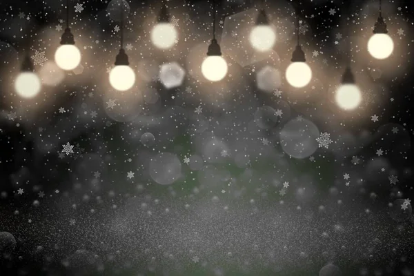 Mooie Sprankelende Abstracte Achtergrond Glitterlichten Met Gloeilampen Vallende Sneeuwvlokken Vliegen — Stockfoto