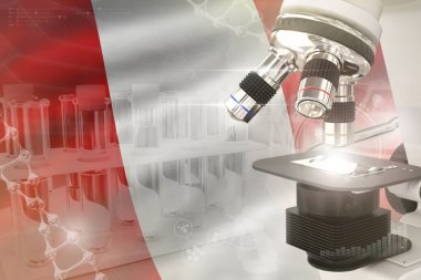 Peru bilim gelişimi dijital arka plan - bayrakta mikroskop. Genetik tasarım konsepti araştırması, nesnenin 3 boyutlu çizimi