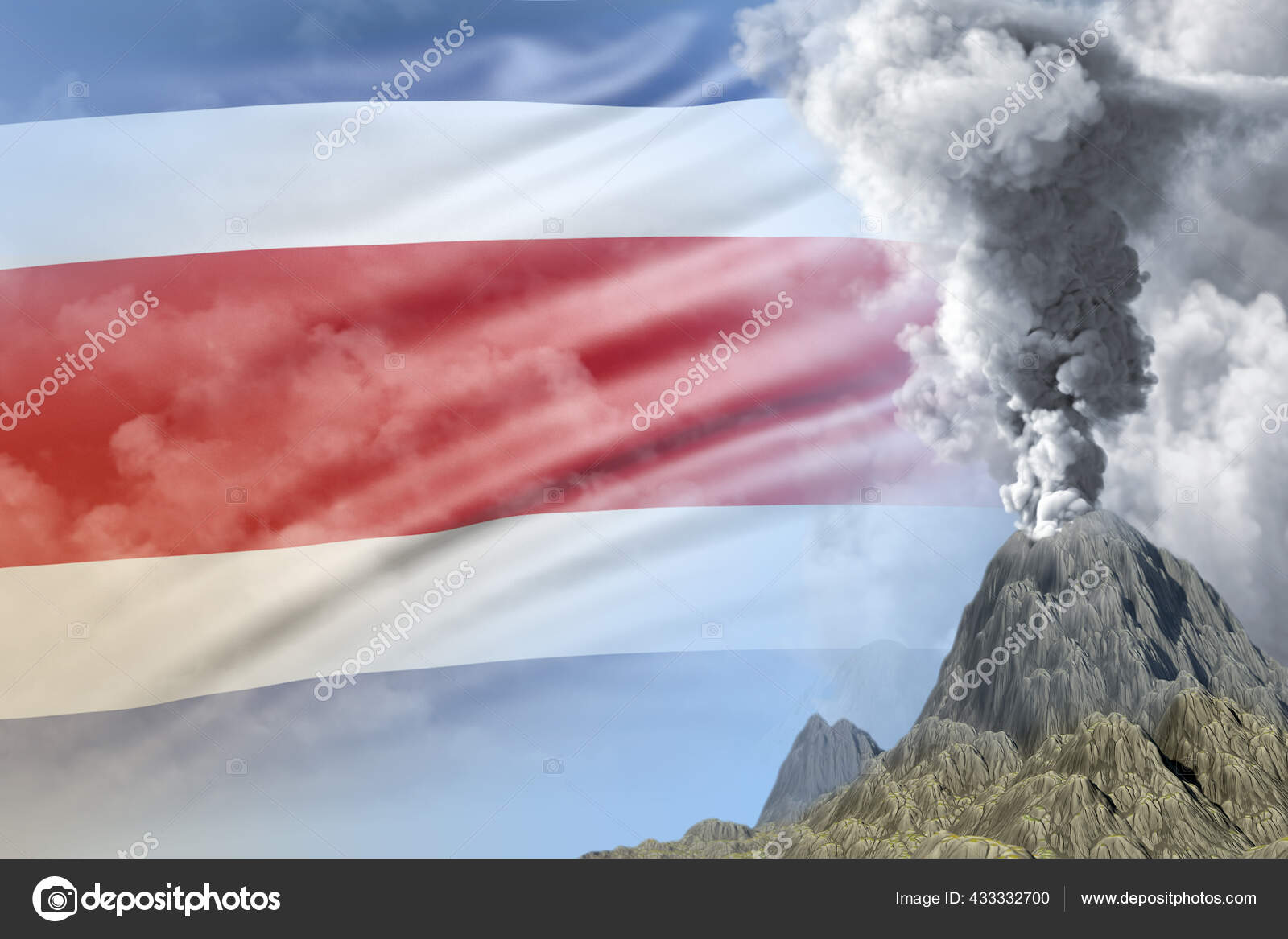 哥斯达黎加国旗背景上白烟弥漫的大火山爆发深受灾害和火山地震的影响三维自然图解 图库照片 C Anton Medvedev