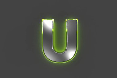 Yeşil camlı gri metalik yazı tipi ana hatları çizmiş. Gri arkaplanda U harfi. Sembollerin 3 boyutlu çizimi.