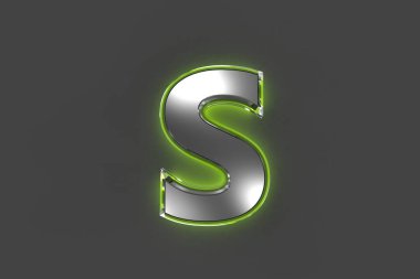 Yeşil camlı gri metal alfabe ana hatları çizilmiş. S harfi gri arkaplanda izole edilmiş. Sembollerin 3 boyutlu çizimi.