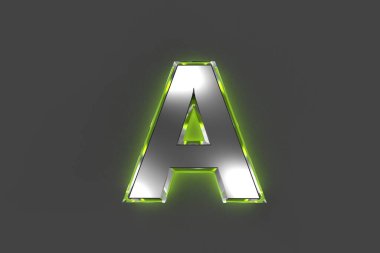 Yeşil parıltılı camsı ana hatlı gri yazı tipi - Gri üzerine izole edilmiş bir harf, sembollerin 3 boyutlu çizimi