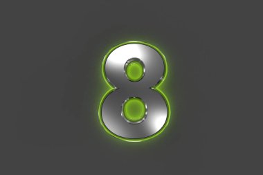 Yeşil parlak camlı gri metalik yazı tipi ana hatları belirledi. Gri arkaplanda 8 numara, sembollerin 3 boyutlu çizimi.