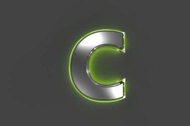 Yeşil cilalı yansıtıcı ana hatlı gri yazı tipi - C harfi gri, sembollerin 3 boyutlu çizimi