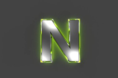 Yeşil parlak camlı gri metal alfabe ana hatları çizilmiş. N harfi gri arkaplanda izole edilmiş. Sembollerin 3 boyutlu çizimi.