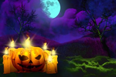 Cadılar Bayramı renkli korkunç gece modeli - arka plan tasarım şablonu sol tarafında balkabağı mumu ve sağ tarafında serbest alan, jack-o-fener konsepti