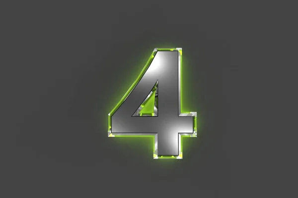 带有绿色发光玻璃的灰色金属字母表 灰色背景上孤立的第4号 符号的三维插图 — 图库照片