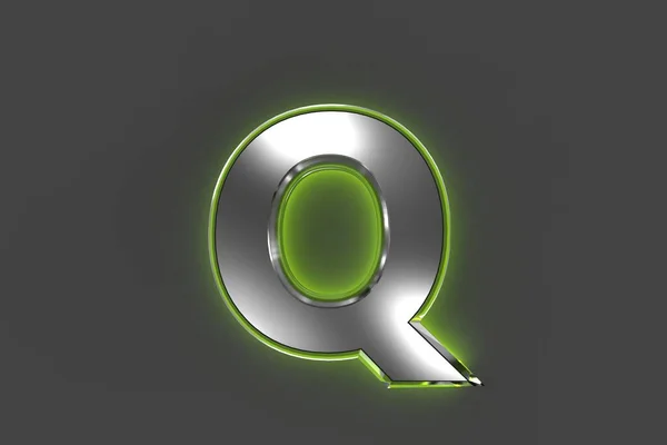 带有绿色光泽反射轮廓的灰色金属字体 灰色背景中孤立的字母Q 符号的三维插图 — 图库照片