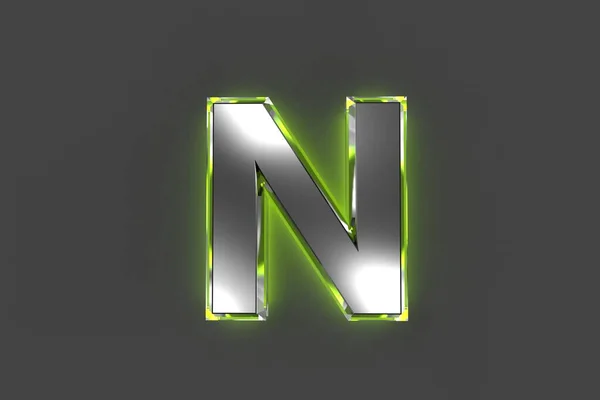 緑の光沢のあるガラス製のアウトラインを持つグレーの金属製のアルファベット 文字Nグレーの背景に隔離され シンボルの3Dイラスト — ストック写真