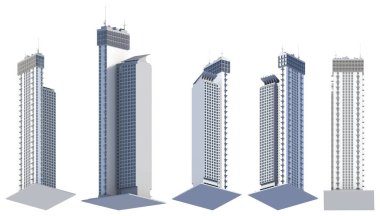 5 adet hayali tasarım yüksek teknoloji gökdelen seti gökdelen gökdelenler gökyüzü yansımalı - beyaz, düşük görüşlü mimarinin üç boyutlu resimlerinde izole edilmiş
