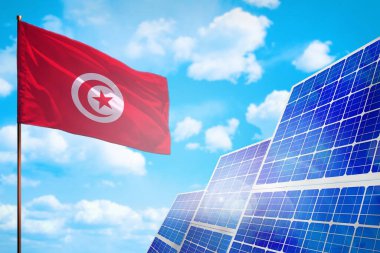 Tunus alternatif enerjisi, bayrağı olan güneş enerjisi kavramı - küresel ısınmayla mücadelenin sembolü - endüstriyel illüstrasyon, 3D illüstrasyon