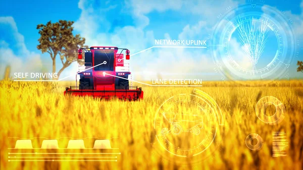 Industriële Illustratie Met Digitale Overlays Van Harvester Combineren Werken Het — Stockfoto