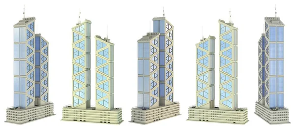 空の反射を持つ2つの結晶塔の架空のデザインの未来的な高層ビルの5つのレンダリングのセット 白に隔離され 様々な側面ビュー高層ビルの3Dイラスト — ストック写真