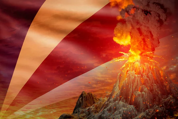 Высокое Извержение Вулкана Ночью Взрывом Фоне Флага Сейшельских Островов Проблемы — стоковое фото