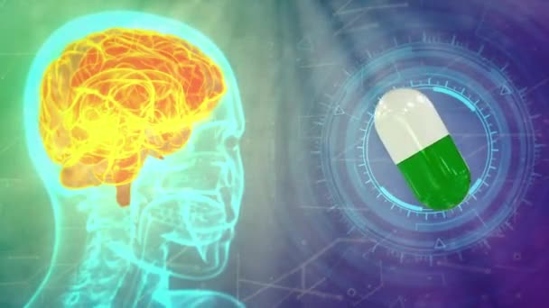 Rontgen Obraz Głowy Człowieka Podkreślonym Mózgu Tabletki Medyczne Obracające Się — Wideo stockowe