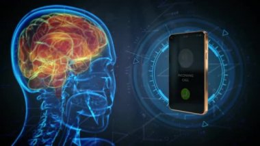 4K 60 fps 3D animation - x-ray human head moving with ringing incoming call mobile phone, brain harm by mobile network concept