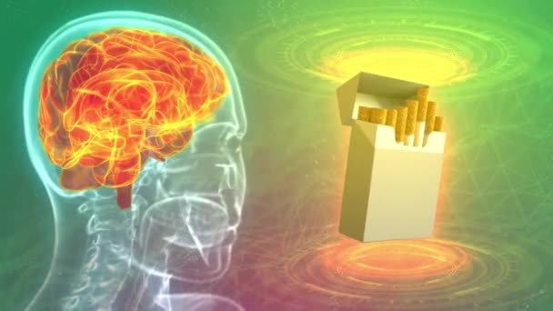 Променеве Зображення Голови Людини Підсвіченим Мозком Пакетом Сигарет Мозок Уражений — стокове відео