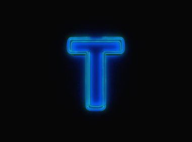 Blue - green neon light glow glass made crystal font - letter T isolated on black background, 3D illustration of symbols