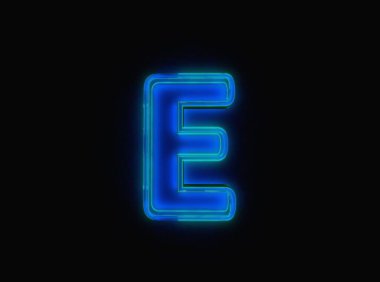 Blue - green neon light glow reflective crystal alphabet - letter E isolated on black background, 3D illustration of symbols
