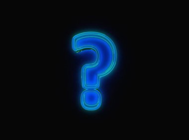 Blue - green neon light glow reflective crystal alphabet - question mark isolated on black background, 3D illustration of symbols