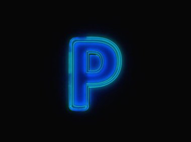 Blue - green neon light glow glass made clear alphabet - letter P isolated on black dark, 3D illustration of symbols
