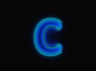 Blue - green neon light glow glassy crystal alphabet - letter C isolated on black dark, 3D illustration of symbols