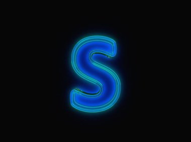 Blue - green neon light glow reflective clear font - letter S isolated on black dark, 3D illustration of symbols