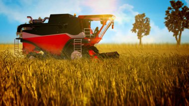 Industrial 3D illustration of automated harvester working on the grain field