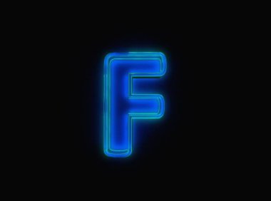 Blue - green neon light glow reflective crystal font - letter F isolated on black dark, 3D illustration of symbols
