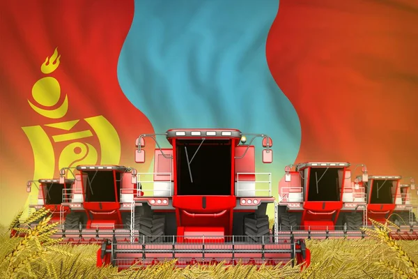 Veel Rode Landbouw Combineren Oogstmachines Tarweveld Met Mongolië Vlag Achtergrond — Stockfoto