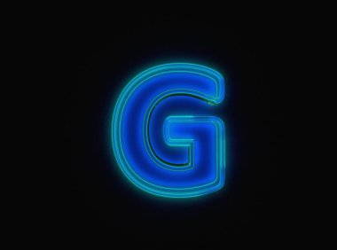 Blue - green neon light glow reflective transparent alphabet - letter G isolated on black dark, 3D illustration of symbols