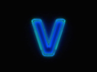 Blue - green neon light glow glass made transparent alphabet - letter V isolated on black background, 3D illustration of symbols