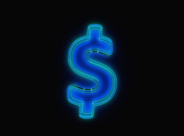 Blue - green neon light glow reflective transparent alphabet - dollar - peso sign isolated on black dark, 3D illustration of symbols